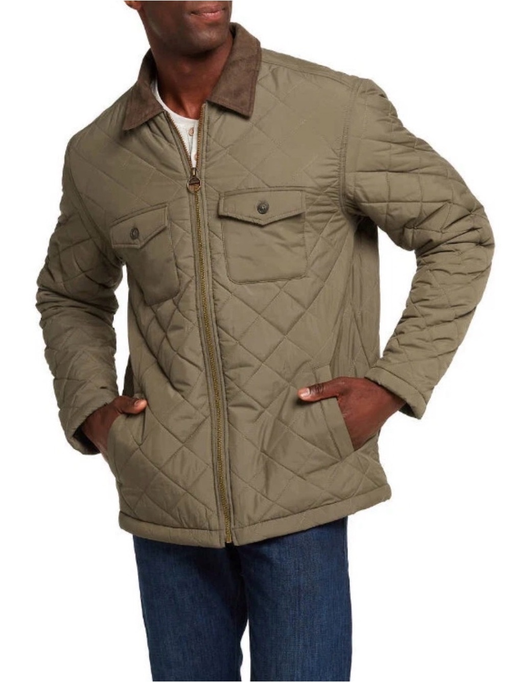 Weatherproof Quilted Casual Jacket in Olive with Brown Collar